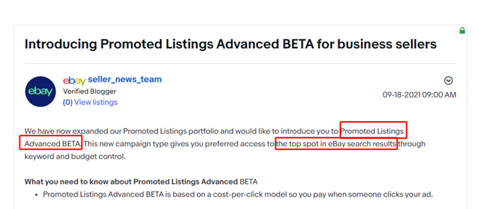 eBay推出Promoted Listings高级版公告