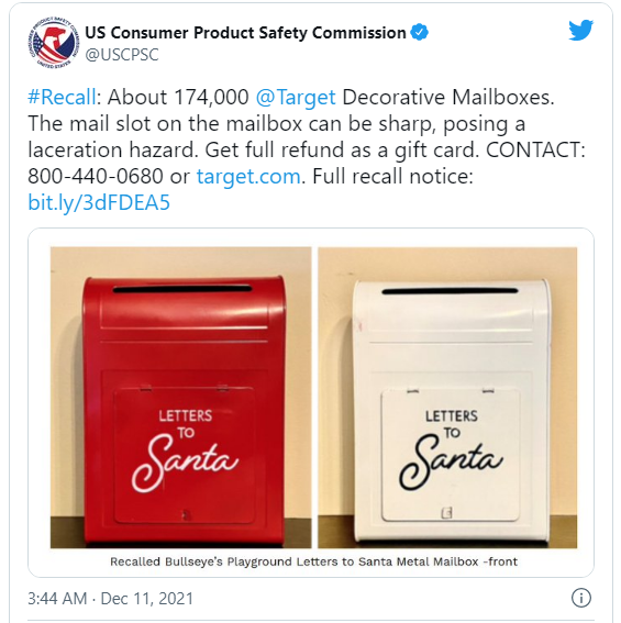 根据美国消费品安全委员会（CPSC）的说法，这一款金属圣诞邮箱的邮件槽很锋利，容易割伤消费者。